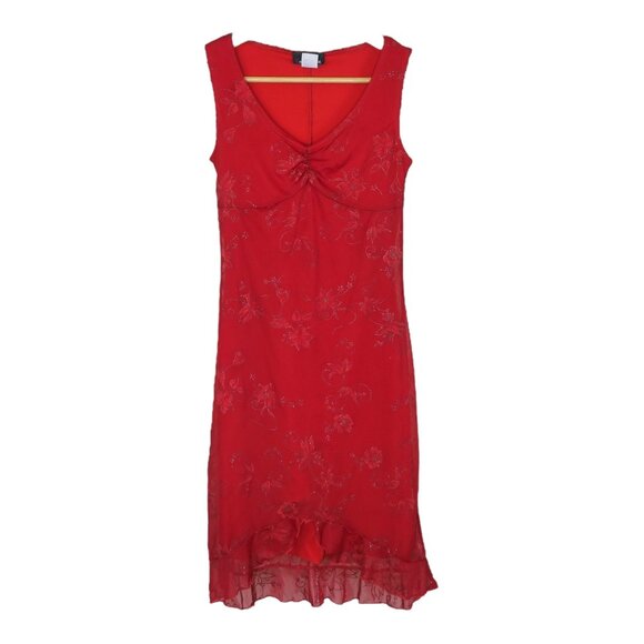 Vintage 90s Candy Rocket Red Floral Ruffle Mini Dress - Picture 3 of 11